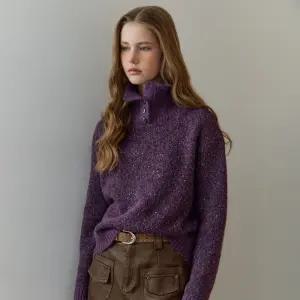 [MAXZA] 스팽글 믹스 버튼 하이넥 카라 니트