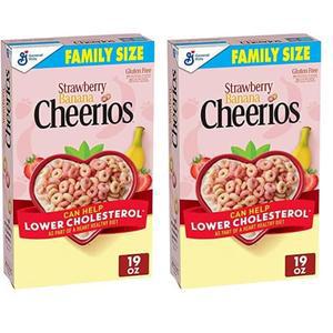 치리오스 딸기 바나나 치리오스 심장 시리얼, 통곡물 귀리가 포함된 텐 프리 시리얼, 19온스 패밀리 사이즈(2팩)