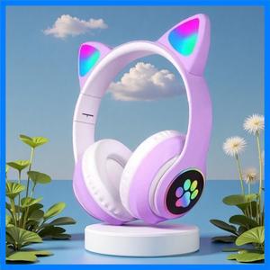귀여운 고양이 무선 헤드폰 RGB 귀여운 고양이 귀 헤드셋 마이크 포함 소음 차단 어린이 스테레오 음악 어