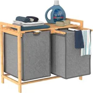 옷장 메이드 대나무 세탁 바구니 및 선반 슬라이딩 백 섹션 2개 이중 수납 공간이 있는 분류기 회색 가방