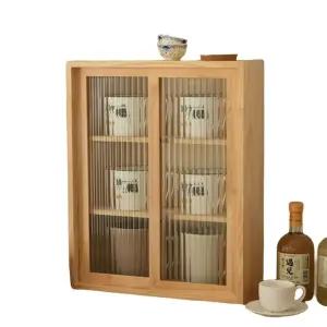 원목 줄무늬 유리 진열장 미닫이 슬라이딩 미니수납장 양문