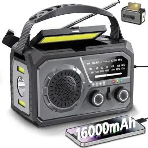 16000mAh 파워 뱅크가 장착된 태양광 비상 크랭크 라디오 - NOAA 기상 경보 핸드 다이너모 AM/FM 휴대용