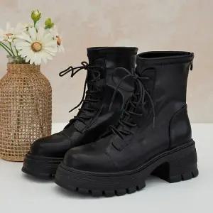 6cm키높이 통굽) 쫀쫀스판 뒷지퍼 워커힐 레이스업 앵클부츠