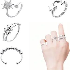 ATCEME 4PCS 여성용 피젯 링 스트레스 해소 스피너 스테인리스 스틸 선 달 별 구슬 회전식 링(실버)