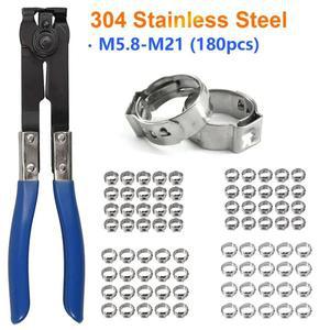 180PCS 단일 귀 호스 클램프 304 스테인레스 스틸 5.8-21mm 플라이어 핀서 크림 퍼 피팅 도구 키트 압착