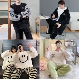 시그니쳐 남성용 극세사 잠옷 상하의 세트 홈웨어 가운 수면바지