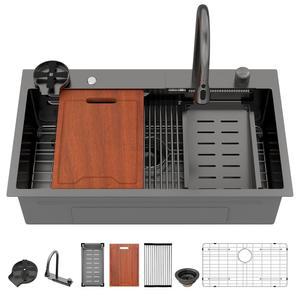 수도꼭지가 있는 주방 싱크대에 33인치 블랙 스마트 폭포 드롭 33x19인치 작업용 탑마운트 싱크대 16게이지 스테인리스 스틸 싱글 볼 선반 수제