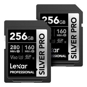 Lexar 256GB(2-PK) 프로페셔널 실버 PRO SD 카드, UHS-II, C10, U3, V60, 풀 HD, 4K, 최대 280MB/s 읽기 SDXC 메모리 사진작가, 비디오그래퍼, 애호가(LDSIPR256G-B2NNU)