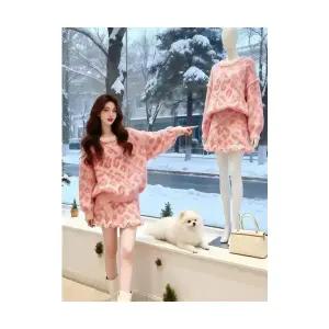 여자 정장세트 투피스 겨울 호피 핑크 라운드 스웨터 세트 스커트 BE4