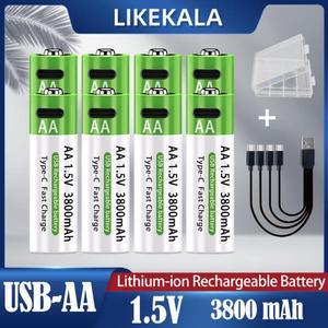 LIKEKALA 리튬 이온 AA 충전지 USB 3800mAh 1.5V + 데이터 케이블 및 보관함