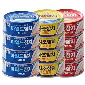 사조 참치 캔 135g 3종 12개(고추4+살코기4+마일드4)/ 안심따개