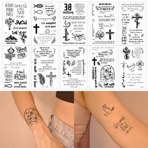 타투 10 시트 기독교 동기 부여 성경 문신 스티커 구절 따옴표 단어 여성을위한 검은