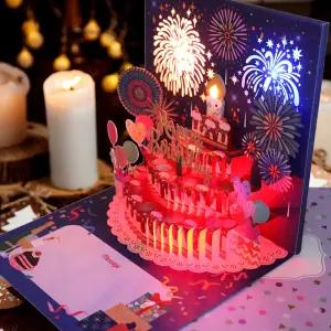 마음담아 후 불면 폭죽 터지는 LED 입체 팝업 3D 생일 축하 뮤직 멜로디 케이크 카드 2종