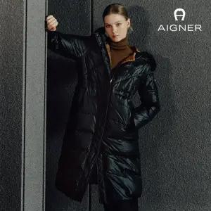 아이그너 후드 트리밍 롱다운 점퍼