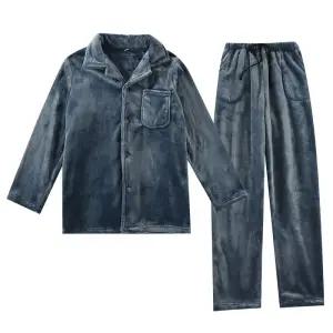 남성 겨울 플란넬 보아 잠옷 세트 단색 두꺼운 홈웨어