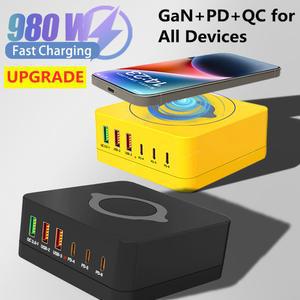 980W GaN USB C 충전기 6포트 데스크탑 타입 100W PD3.0 PPS QC3.0 태블릿 삼성 아이폰 16 15용 무선 고속 충전 스테이션