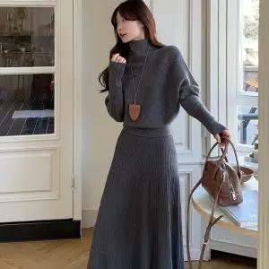 BANHANY 아티에 ？？반목 가오리 골지 니트 롱 스커트 투피스 세트
