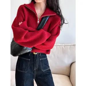 티류으스 여성 가을 겨울 반목터틀넥 지퍼 레드 니트 숏 가디건 하이웨이스트 루즈핏 두꺼운 아우터 Lyw