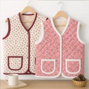 방한조끼 토끼털1개+코듀로이1개 겨울 플라워 코듀로이 누빔조끼 따뜻한 융털안감 방한김장조끼