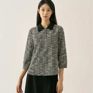 [지센] 트위드 니트 카라 티셔츠 LFTSN806_BK