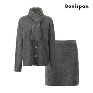 [보니스팍스](대구신세계)머플러 세트 버튼 가디건 앤 미니 스커트 니트 셋업 (XPCST003M0)