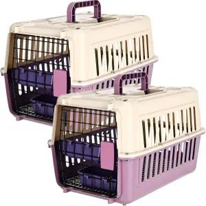 Fiwochic 2세트 여행용 애완동물 캐리어 작은 플라스틱 하드 캣 개 보울 와이어 도어 및 그릴 매트 포함