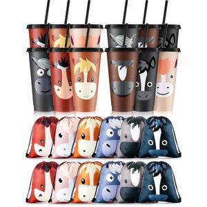 미포시 24개 말 파티 말을 테마로 한 장식을 위해 뚜껑과 빨대가 달린 플라스틱 컵 12개와 드로스트링 백팩 24온스 재사용 가능한 텀블러 물병 가방 12개 제공