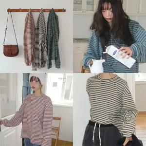 [모코블링] 워밍 스트라이프 양기모 긴팔티 #기모티셔츠 #양기모 #스트라이프티 #레이어드티 #오버핏티셔츠 #오버사이즈 #박시티