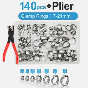 140개 21MM 키트 싱글 클램프 호스 클립 스테인리스 스텝리스 이어 밀봉용 304 스틸 파이프