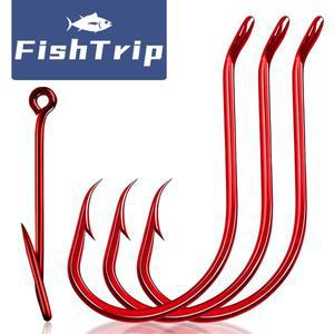 FishTrip 레드 문어 후크 25-100피스 서클 오프셋 2X 강한 생미끼 가시 잉어 바닷워터 민워터 메기 배스