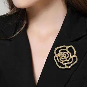 [하프클럽/]입체 레이어드 큐빅 로즈 장미 오버사이즈 옷핀 브로치 골드