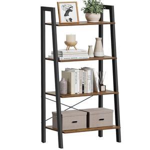 바사글 사다리 선반, 4단 책장, 수납 선반, 스틸 프레임이 있는 책장, 거실, 홈 오피스, 주방, 침실, 산업용 스타일, 러스틱 브라운 및 잉크 블랙 ULS44X