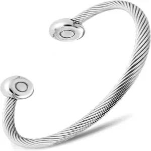 MagnetRX 마그네틱 팔찌 커프 - 트위스트 케이블 스테인리스 스틸 뱅글 우아한 골프 남녀 (실버 라지)