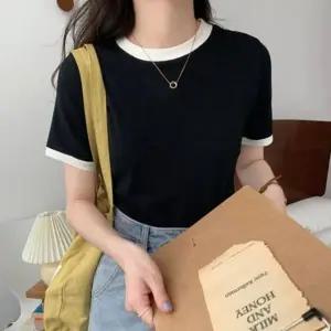 라운드 배색 반팔티 봄 여름 데일리 티셔츠 여자 상의