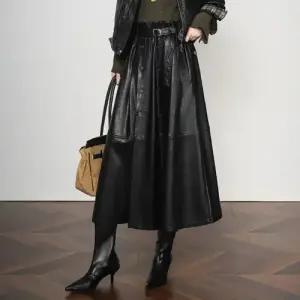 템퍼티샵 여성 추동 전피 스커트 미디엄 리얼 하이웨스트 양가죽 A라인 롱 힛템