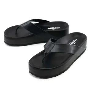 여성 남성 커플 통굽 조리 슬리퍼 블랙 가죽쪼리 신발 (WFKCW8C)