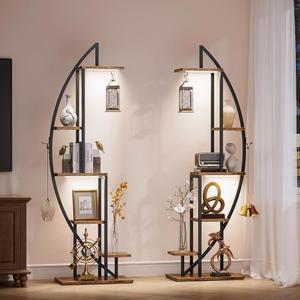 조명이 있는 베코코메 책장, 2팩의 독특한 책장, 63인치 사다리 높이 책장, 수집품용 6단 아치 책장, 침실 거실용 반달 와이드 디스플레이 책장, 러스틱 브라운