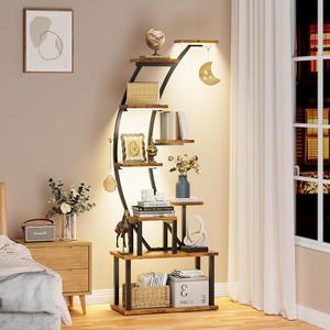 조명이 있는 베코코메 책장 - 63인치 높이의 독특한 책장, 수집품을 위한 9단 책장, 조명이 있는 검은색 디스플레이 선반, 침실 거실을 위한 반달 사다리 책 스탠드, 러스틱 브라운