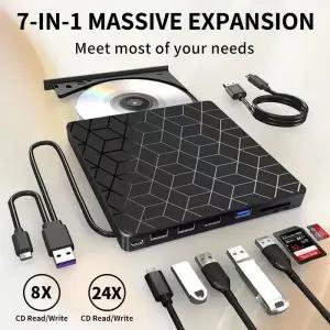CD롬 플레이어 7 in 1 외장 DVD 드 USB 30 Type-C CDDVD 버너 라이터 리더 휴대용 데스크탑 Mac 윈도우 Lin