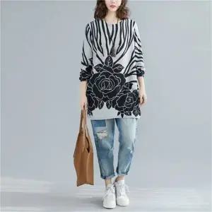 F79013 루즈핏 빅 로즈 플라워 롱 환펀 니트 티