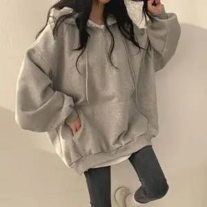 여성 데일리 캐주얼 스타일 반집업 회색 무지 후드티