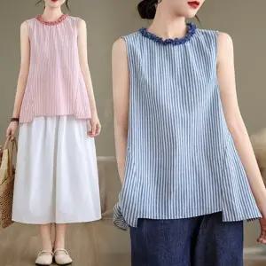 은창]레이스 넥라인 스트라이프 백버튼 민소매 티셔츠 상의 여름 나시티 빅사이즈 루즈핏 여성 티셔츠 비치