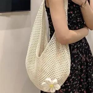 은창]데이지 플라워 데코 짜임 매쉬 숄더백 에코백 가방 휴가 가방 여성 여성용 여행 비치 데일리 토트