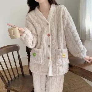 여성 컬러 버튼 포켓 꽈배기 수면 잠옷 1P 홈웨어