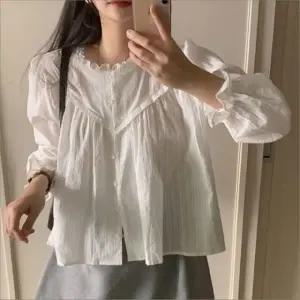 여성 페미닌 얇은 프릴 레이스 화이트 블라우스 루즈핏