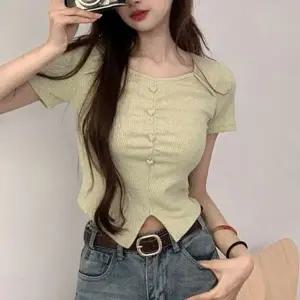 여성 민트 골지 반팔 티셔츠 크롭 슬림핏