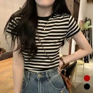 여성 스트라이프 반팔 티셔츠 라운드