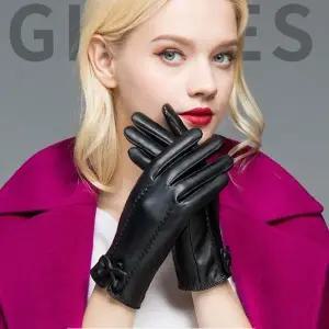 리본 여성 스마트터치 기모 물결무늬 포인트 가죽장갑