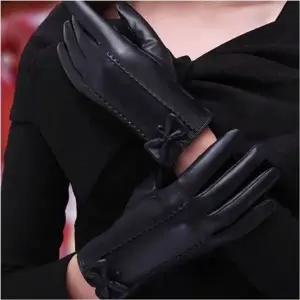 (색상 블랙)리본 패션장갑 장갑 세련된 인조가죽 여자 겨울장갑 방한
