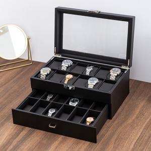 [호환품] 24 슬롯 시계 보관 상자 더블 레이어 PU 가죽 정리함(34×21×15cm) 유리 커버 잠금 가능 디스플